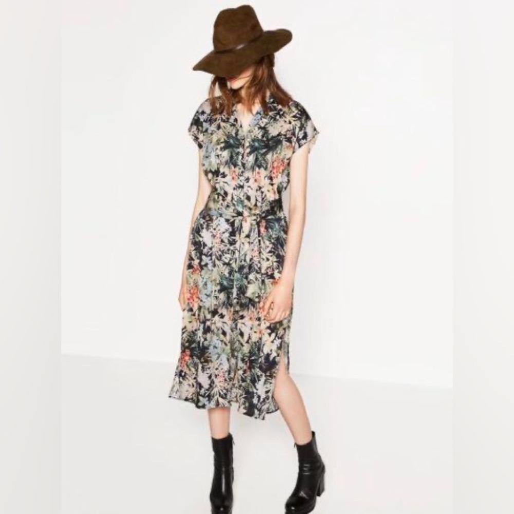 Zara Floral Flower Tropical Print Midi Button Dress Size M